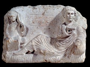 Grabrelief aus Kalkstein von Taime und seiner Frau. Aus Palmyra. 200 n. Chr. Paris, Louvre
