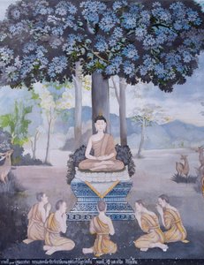 Fresko, das eine Szene aus dem Leben Buddhas darstellt, Wat Phra That Doi Suthep Tempel von School Thai