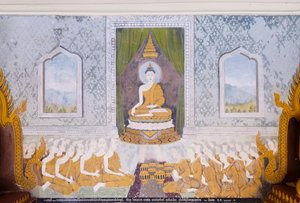 Fresko, das eine Szene aus dem Leben Buddhas darstellt, Wat Phra That Doi Suthep Tempel von School Thai
