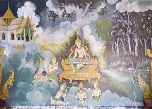 Fresko, das eine Szene aus dem Leben Buddhas darstellt, Wat Phra That Doi Suthep Tempel von School Thai