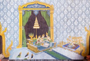 Fresko, das eine Szene aus dem Leben Buddhas darstellt, Wat Phra That Doi Suthep Tempel von School Thai