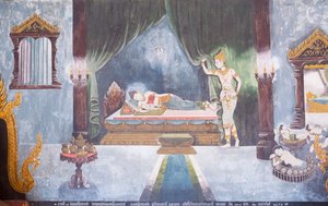 Fresko, das eine Szene aus dem Leben Buddhas darstellt, Wat Phra That Doi Suthep Tempel von School Thai