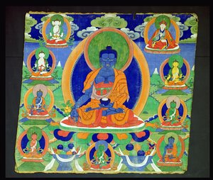Thangka-Malerei zeigt den Medizin-Buddha, Bhaishajyaguru (Menla) von School Tibetan