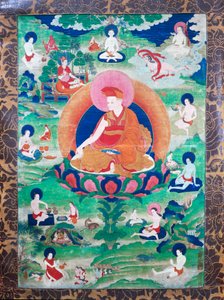 Der Lama Rje-grags Rtod Iha-pa-pa- dbang Graps mit Heiligenschein und umgeben von zahlreichen Mahasiddha (Gouache auf Leinwand)