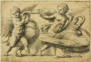 Putti spielen mit Schwänen von School of Raphael