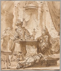 Die Erniedrigung Hamans vor Ahasverus und Esther von School of Rembrandt van Rijn