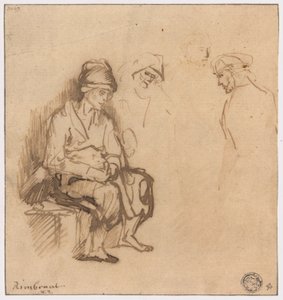 Frau auf Bank sitzend und drei Skizzen von Köpfen von School of Rembrandt van Rijn