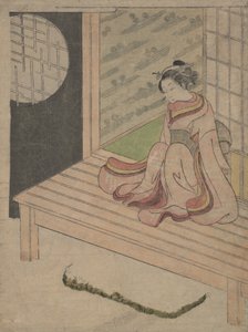 Eine junge Frau sitzt auf der Engawa eines Hauses, ca. 1765