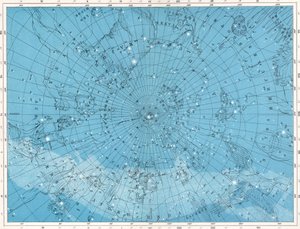 Sternkarte mit dem Nordpol und den Konstellationen Andromeda und Kassiopeia