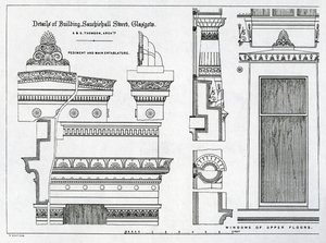 Architektonische Details der griechischen Kammern, 336-356 Sauchiehall Street, Glasgow, entworfen von Alexander Greek Thomson, 1869