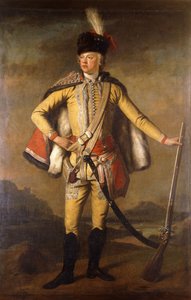Porträt von John Lindsay, 20. Earl of Crawford und Lindsay, in voller Länge, in Husarenuniform, mit einer Steinschlossmuskete, eine Landschaft im Hintergrund, ca. 1745