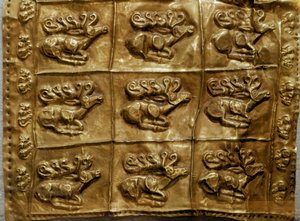Skythische Kunst: Goldene Köcherabdeckung mit Tierdekor (Hirsche). Aus Tumulus Nr. 4 in Kelermes, Region Krasnodar, Kuban, Russland, 7. Jahrhundert v. Chr.