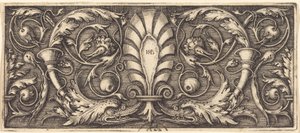 Ornament mit zwei grotesken Delfinen