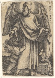 Tafel 1: Heiliger Matthäus mit nach links gedrehtem Kopf, ein Cherub unten links, 1541 von Sebald Beham