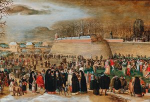 Winterlandschaft mit Karnevalsszene in der Nähe des Kipdorppoort-Bastions in Antwerpen von Sebastiaen Vrancx