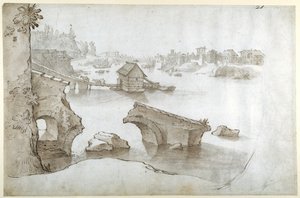 Blick auf den Tiber mit den Ruinen der Ponte Rotto, der Marmorata und der Ripa Grande von Sebastian Vrancx