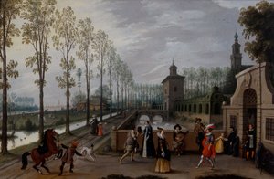 Eine elegante Gesellschaft promeniert vor einem Palast