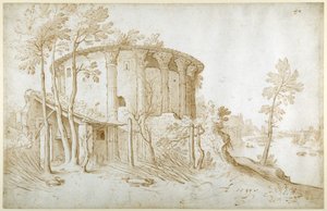 Der Tempel der Vesta im Forum Boarium, von Norden gesehen, der Tiber rechts, ca. 1650 (Feder & Tinte mit Waschung auf Papier) von Sebastian Vrancx