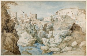 Ansicht von Tivoli mit dem Tempel der Tiburtinischen Sibylle und den Wasserfällen (Feder & Tinte mit brauner und blauer Waschung auf Papier) von Sebastian Vrancx