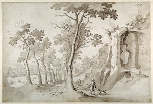 Blick auf die Porta Ripa von einer Allee von Bäumen unter Ruinen auf dem Aventin, Blick auf S. Maria dell