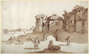 Junge Männer spielen Pelota in den Diokletiansthermen; S. Bernardino in der Ferne; die lange Mauer von Bellaiani