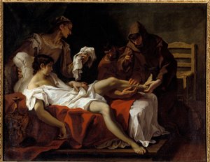 Der heilige Antonius von Padua warnt einen jungen Mann, der seinen Fuß amputiert hatte, um sich für das Schlagen seiner Mutter zu bestrafen. Gemälde von Sebastiano Ricci (1659-1734)