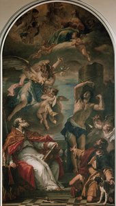 Die Jungfrau in Herrlichkeit mit Erzengel Gabriel, St. Eusebius, St. Sebastian und St. Rochus von Sebastiano Ricci