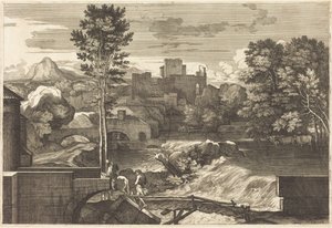 Landschaft mit zwei Figuren auf einer Brücke von Sébastien Bourdon