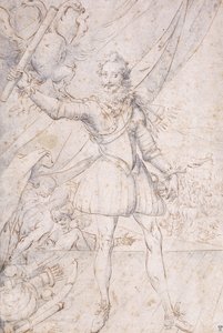 König Heinrich IV., ganzfigurig, eine Trophäe der osmanischen Waffen zu seinen Füßen, eine Schriftrolle vor einem Adler erhebend