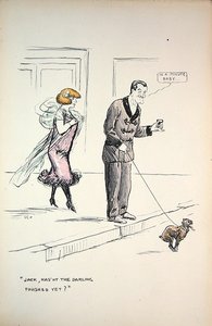 Paar wartet darauf, dass ein Hund sein Geschäft beendet, ca. 1921 von Sem