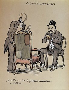 Reicher Kunstsammler inspiziert einen angeblich Colbert gehörenden Stuhl, ca. 1919 von Sem