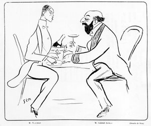 Karikatur von Nijuisky und Gabriel Astri in einem Café, Zeichnung von Sem (1863 - 1934)