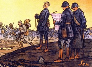 General Ferdinand Foch (1851 - 1929) beobachtet seine Truppen, die über das Schlachtfeld marschieren. Detail eines Plakats für das nationale Darlehen „Für die letzte Viertelstunde... hilf mir! Nationale Darlehensabonnements werden von Sem entgegengenommen von Sem