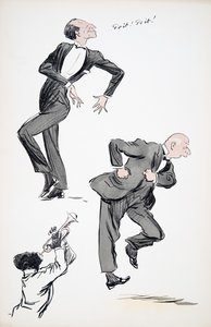 Zwei Männer in Anzügen tanzen, während ein Musiker Trompete spielt, aus White Bottoms, veröffentlicht 1927 von Sem