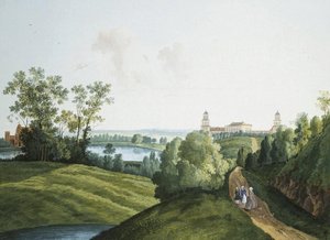 Landschaft mit einem Bauernhof im Park von Zarskoje Selo