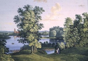 Blick auf die Insel vom großen See im Park von Zarskoje Selo