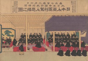 Empfang der Amerikaner durch die Japaner in Yokohama, 1870er Jahre von Sensai Eiko