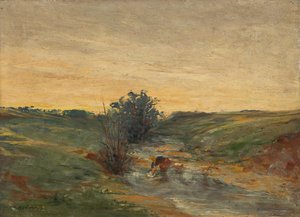 Wäscherin am Bach bei Sonnenuntergang von Serafin Maurer