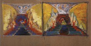 Bühnenbild für die Oper Der goldene Hahn von N. Rimski-Korsakow von Sergei Vasilievich Malyutin