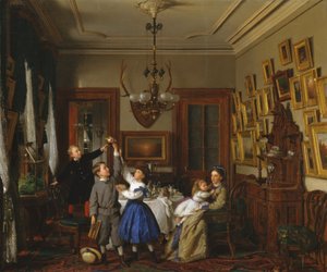 Der Wettbewerb um den Blumenstrauß: Die Familie von Robert Gordon in ihrem New Yorker Speisezimmer, 1866 von Seymour Joseph Guy