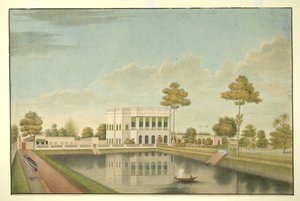 Calcutta-Haus umgeben von einem Garten mit Teich und Nebengebäuden