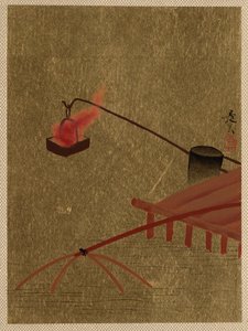 Feuerkorb, der von einem Dock über einem Fischernetz im Wasser hängt von Shibata Zeshin
