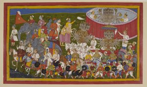 Ravana rüstet sich für die Schlacht in goldener Rüstung, begrüßt von Dienern von S?hibdin S?hibdin