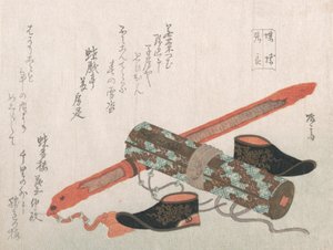 Schwert, Schuhe und eine Schriftrolle, darstellend den chinesischen Krieger Choryo