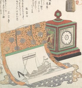 Tischuhr und Kakemono eines Schatzbootes, 19. Jahrhundert von Shinsai
