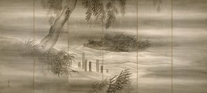 Flusslandschaft mit Glühwürmchen, 1874 von Shiokawa Bunrin