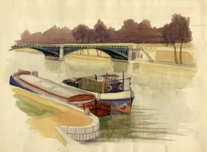 Lastkähne auf der Themse nahe der Battersea-Brücke, London, ca. 1951 von Shirley Markham