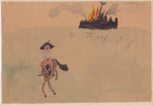 Mädchen auf Pferd flieht vor brennender Festung von Shirley Markham