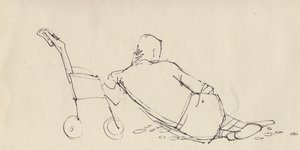 Mann lehnt sich gegen Kinderwagen am Strand, ca. 1950 von Shirley Markham
