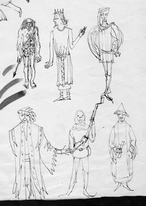Seite mit Skizzen, Menschen in historischen Kostümen, ca. 1950 von Shirley Markham